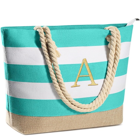 Striped Turquoise and White Tote Bag - Picture 1 of 1